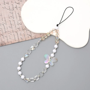 Handmade beaded phone strap with matte white beads and iridescent butterfly pendant charms