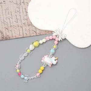 Colorful beaded phone charm with cartoon unicorn pendant and bow for cameras and keys