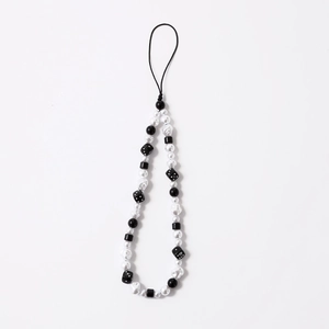 Kawaii rabbit beaded phone lanyard with black and white pearls and dice charm