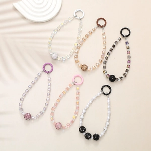 Handmade Square Beaded Phone Charm Rhinestone Ball Crystal Bead Keychain For Women Purse Bag Pendant Anti-Lost Wrist Accessory
