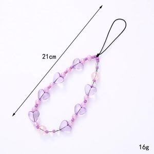 Pink and purple heart-shaped beaded phone charm strap with 21cm length and 16g weight
