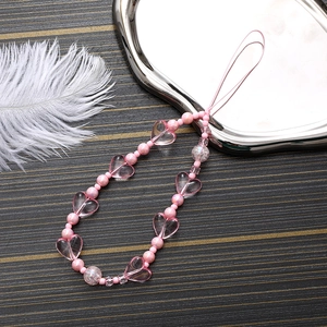 Handmade pink heart beaded phone strap charm with transparent acrylic beads and accessories