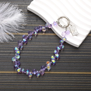 Purple crystal beaded phone strap with silver Elizabeth II charm and spring clasp