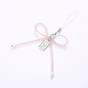 Pink crystal bow phone charm with silver Elizabeth II medallion and white pearls