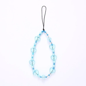 Handmade light blue beaded heart phone strap charm with transparent crackle bead