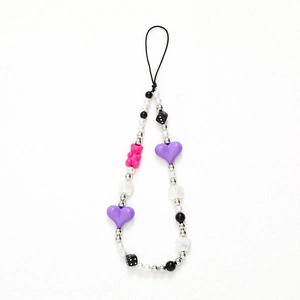 Colorful beaded phone strap with purple heart, pink bear, and white faux pearls