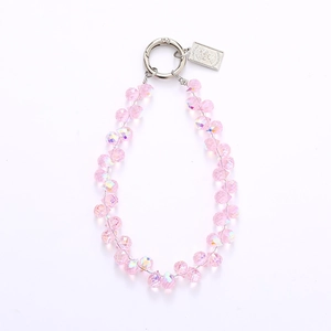 Pink AB crystal teardrop beaded phone charm with silver spring clasp and portrait metal tag