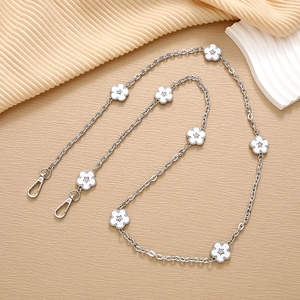 Silver metal crossbody chain strap with white five-petal flowers and lobster clasps