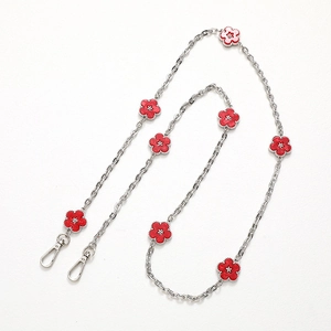 Silver alloy crossbody chain strap with red flower charms and lobster clasps for bags