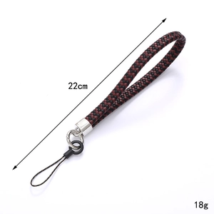 Braided red and black fiber phone lanyard with polished silver metal clasp 22cm long
