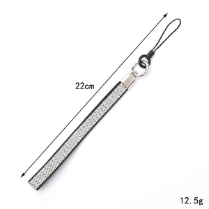 Luxury rhinestone phone strap with silver crystals and metal ring, 22cm length