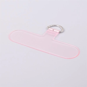 Translucent pink TPU phone tether tab with silver metal D-ring for secure wrist lanyard
