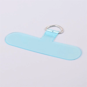 Detailed view of light blue TPU phone lanyard patch with durable silver metal D-ring