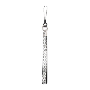 Luxe rhinestone phone strap with silver checkered crystals and durable metal lobster clasp