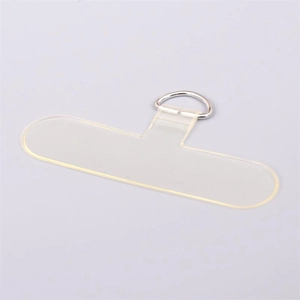 Close-up of clear TPU phone lanyard patch with durable silver metal D-ring attachment