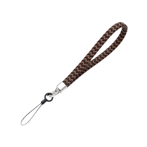 Brown and black woven leather wrist strap with polished silver metal buckle for cell phones
