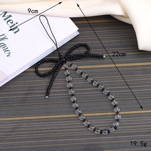 Beaded bowknot phone strap with black and clear acrylic pearls for mobile accessories
