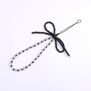 Handmade beaded bow phone strap with black and white beads for bags and cameras