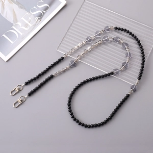 Acrylic heart beaded crossbody phone strap with black beads and silver metal clasps