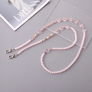 Pink heart acrylic beaded phone lanyard with double silver lobster clasps for bags