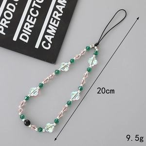 Iridescent crystal butterfly phone charm with green and pink beads, 20cm length
