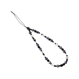 Y2K style beaded phone strap with purple crystal butterfly and black charms on white background