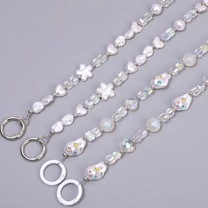 Lanyard chains with irregular pearls, crystal beads, and colorful rhinestones charms