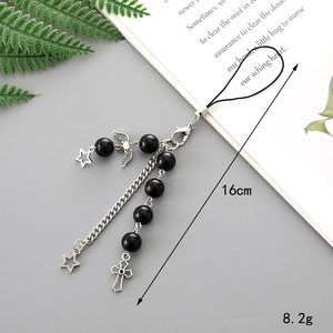 Gothic beaded phone charm with silver star and wing pendants, 16cm metal chain accessory