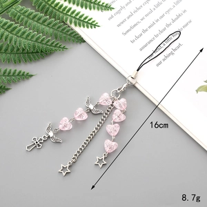 Pink heart beaded phone strap with silver star and wing metal charms for women