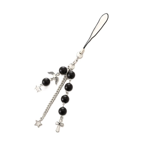 Handmade black beaded phone strap with silver cross and star charms on white background
