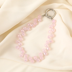 Pink faceted crystal beaded phone strap with a silver metal spring ring clasp
