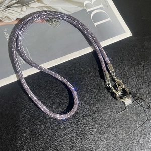 Luxury purple rhinestone phone crossbody chain strap with heart metal clasp and clear patch