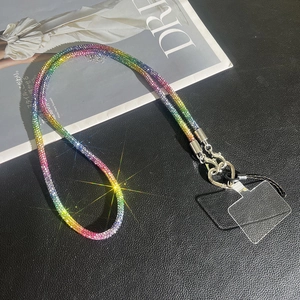 Rainbow gradient rhinestone phone strap with silver heart-shaped carabiner and connector