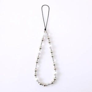 Creative baroque pearl phone charm with silver metal beads and transparent faceted crystals