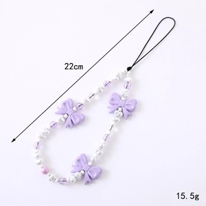 Charming 22cm pearl bead phone strap with purple bows and pink gradient accents