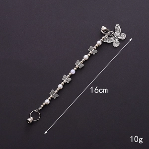 Vintage metal beaded phone strap with silver butterfly pendant and white pearls, 16cm length