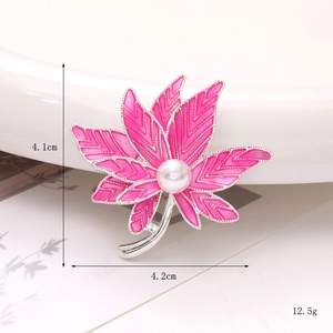 Pink enamel maple leaf brooch with pearl accent in zinc alloy, dimensions 4.1cm by 4.2cm