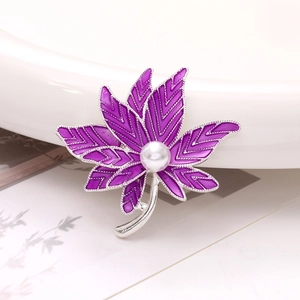 Exquisite purple enamel maple leaf brooch with white pearl inlay on silver metal frame