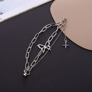 Silver double-layer punk chain bracelet with hollow butterfly and blue star charms