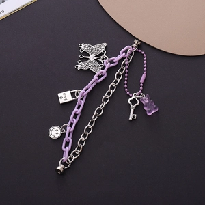 Y2K purple acrylic and silver alloy layered bracelet with bear and butterfly charms