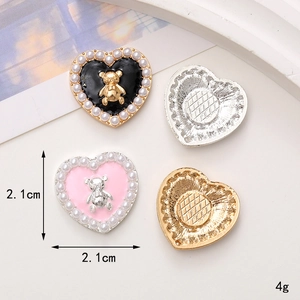 DIY pearl heart charms with bear pattern in gold and silver finish for phone case decor