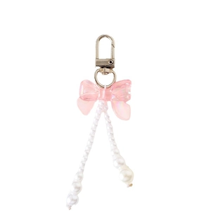 Iridescent pink bow keychain with gradient pearl tassels and silver lobster clasp