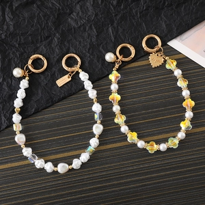 Fashion Irregular Artificial Pearl Beaded Phone Charm Gold Alloy Spring Buckle Bag Pendant Crystal Clover Heart Dangle Handheld Chain