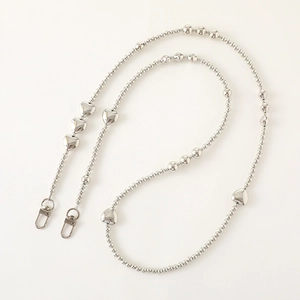 Silver bead chain lanyard with puffy heart charms and metal lobster clasps for bags