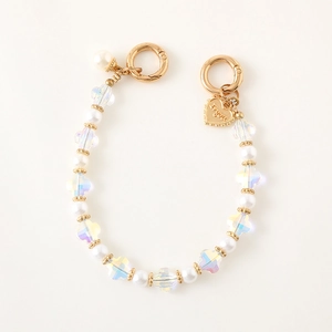 Elegant irregular pearl and crystal bead bag chain with golden heart pendant and spring clips