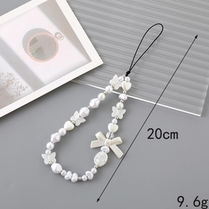 20cm beaded phone strap with white resin pearls, heart and butterfly charms