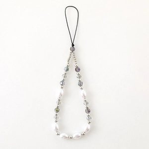 Handmade beaded phone strap with white pearls, silver metal beads and iridescent crystals