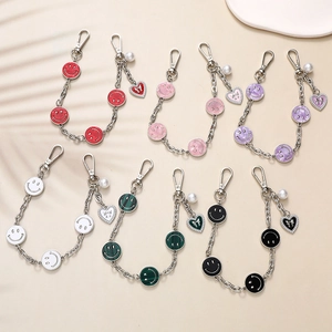 Metal Chain Phone Lanyard Bag Charm Smiley Face Heart Pendant Faux Artificial Pearl Women Handbag Strap Hanging Ornament