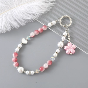 Porte-clés perles avec cœur rose et fleur pour sacs et téléphones accessoires chic