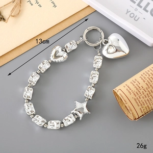 Silver flower beaded heart charm phone strap with star pendant and lobster clasp, 13cm